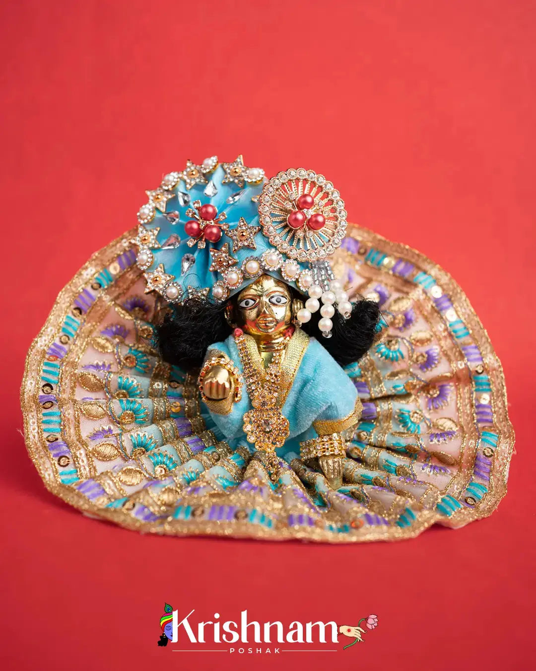 Velvet Blue Dress with Gota Border Laddu Gopal (Pagdi Not Included) Krishnam Poshak