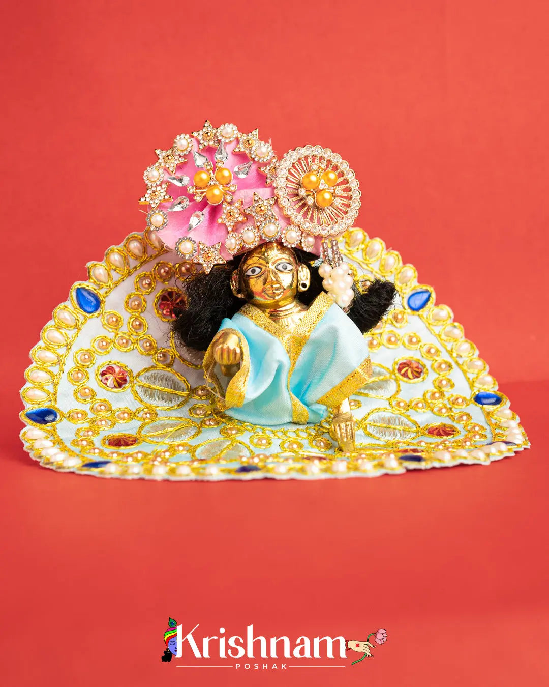 Sky Blue Dress With Golden Work For Laddu Gopal (Without Pagdi ) - Krishnam Poshak