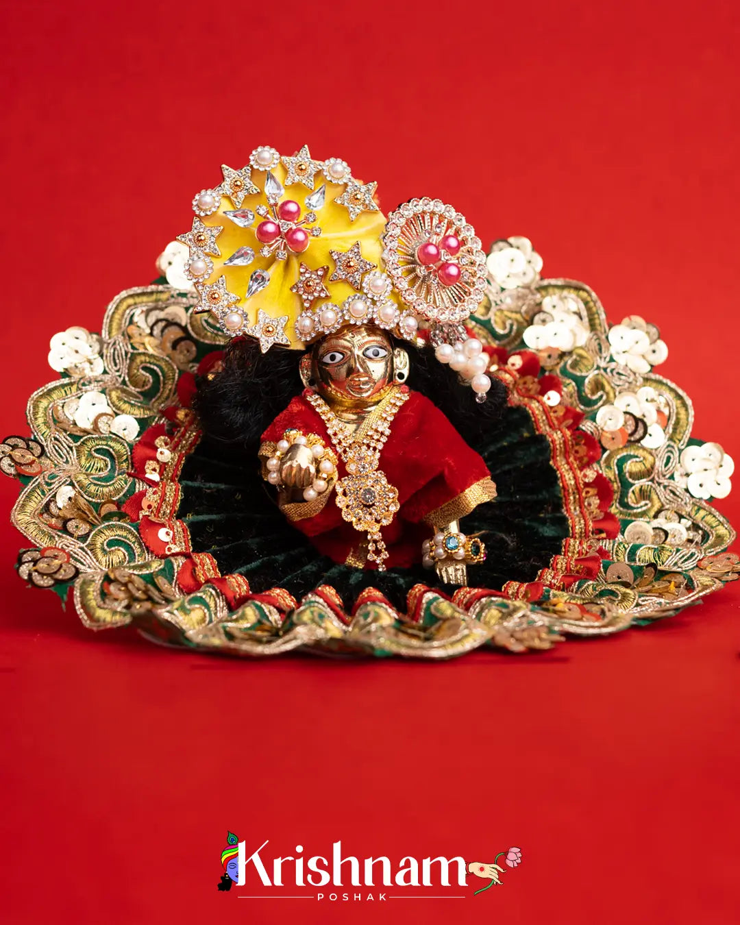 Velvet Green Dress with Gota Patti Border Laddu Gopal (Pagdi Not Included) - Krishnam Poshak