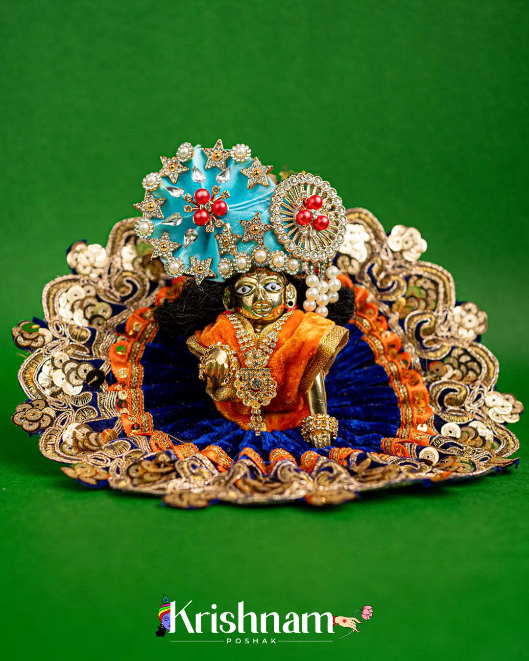 Velvet Blue Dress with Gota Border Laddu Gopal (Pagdi Not Included) - Krishnam Poshak