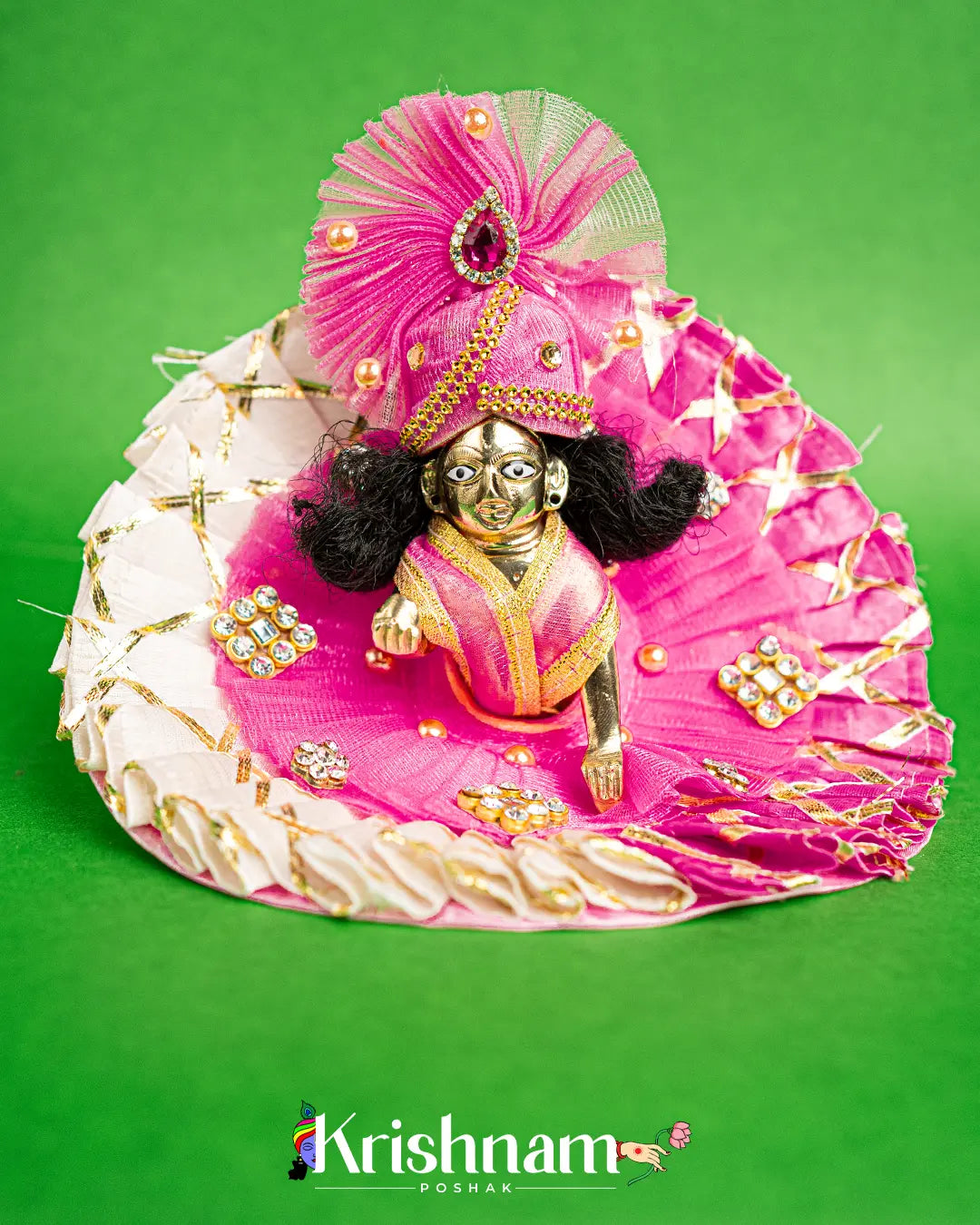 White & Pink Kota Doria Silk Dress for Laddu Gopal (Pagdi Included) Krishnam Poshak