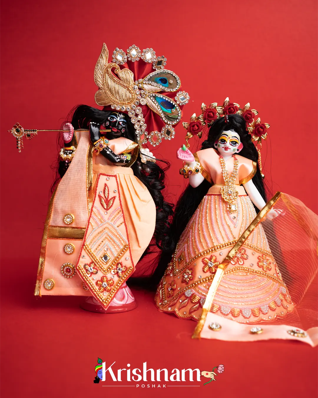 "Exquisite Handmade Peach Radha Krishna Dresses - Crafted with Love in Kolkata" (Dress Only) (Pagdi Not Included) Krishnam Poshak