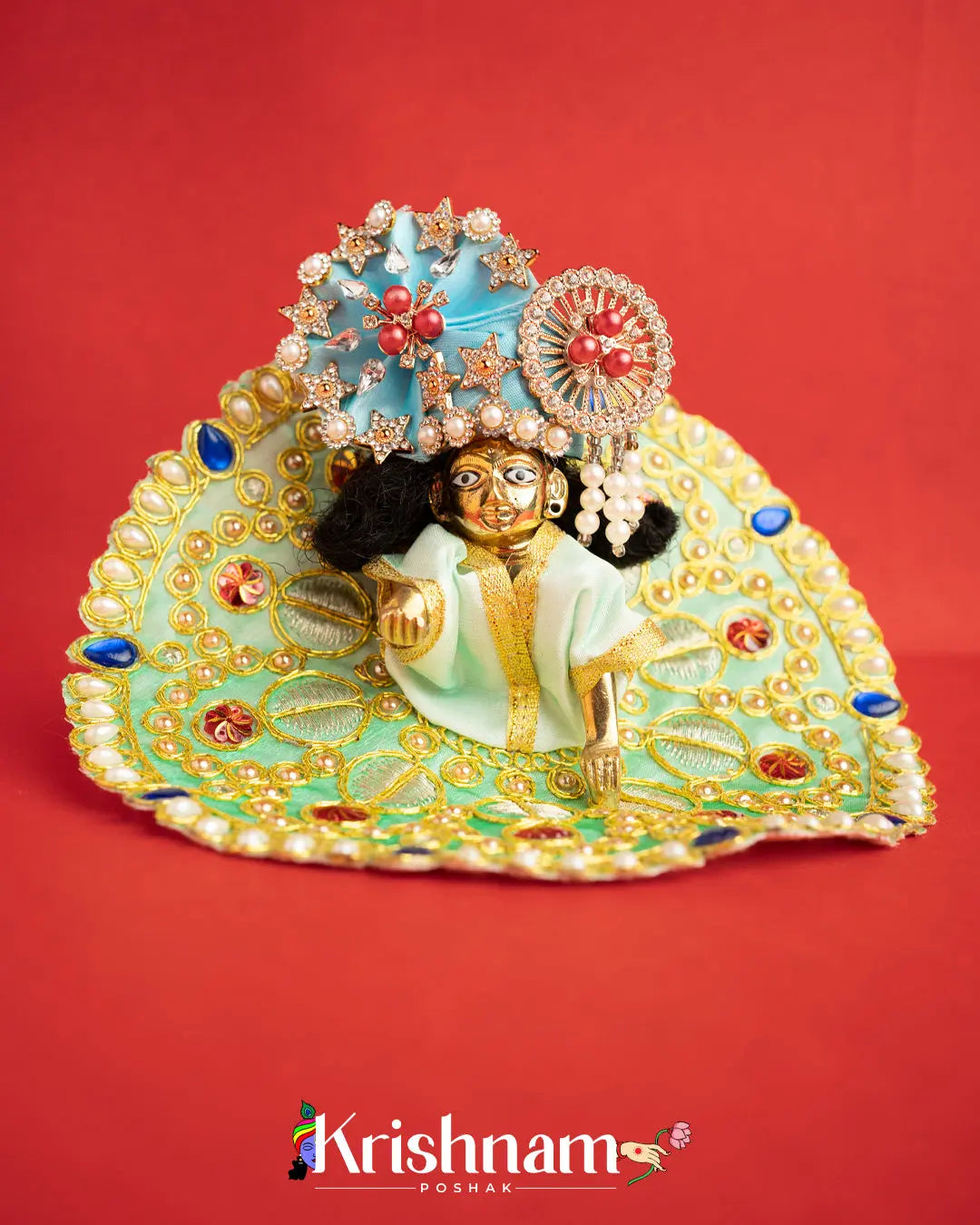 Green Dress With Golden Work For Laddu Gopal (Without Pagdi ) - Krishnam Poshak