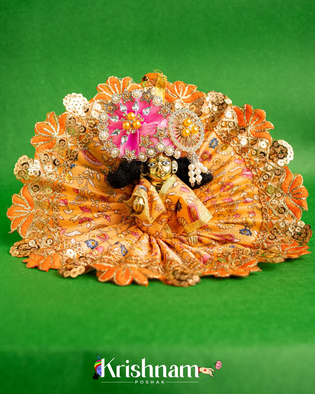 Orange Floral Dress For Laddu Gopal (Without Pagdi ) - Krishnam Poshak