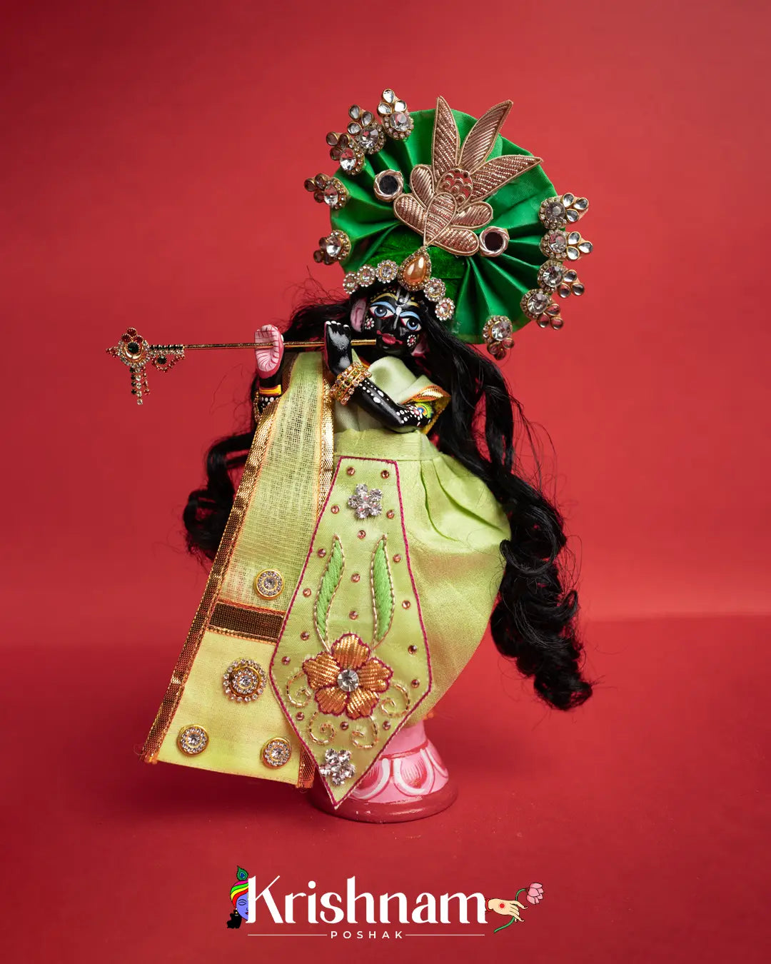 Exquisite Handmade Green Radha Krishna Dress - Crafted with Love in Kolkata" (Dress Only) (Pagdi Not Included) - Krishnam Poshak