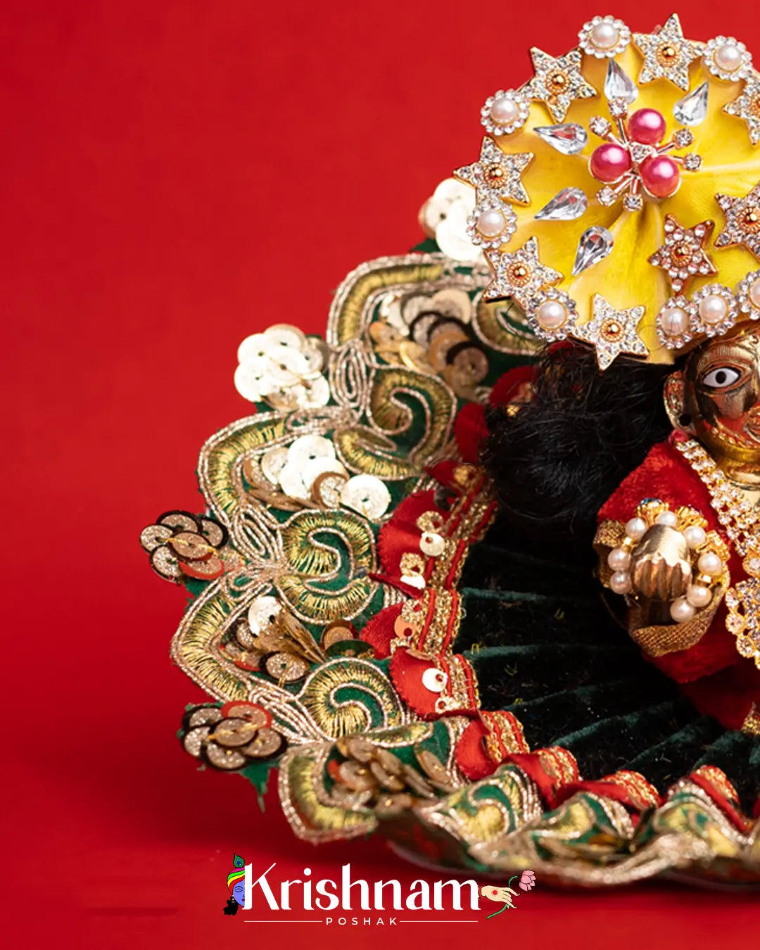 Velvet Green Dress with Gota Patti Border Laddu Gopal (Pagdi Not Included) - Krishnam Poshak