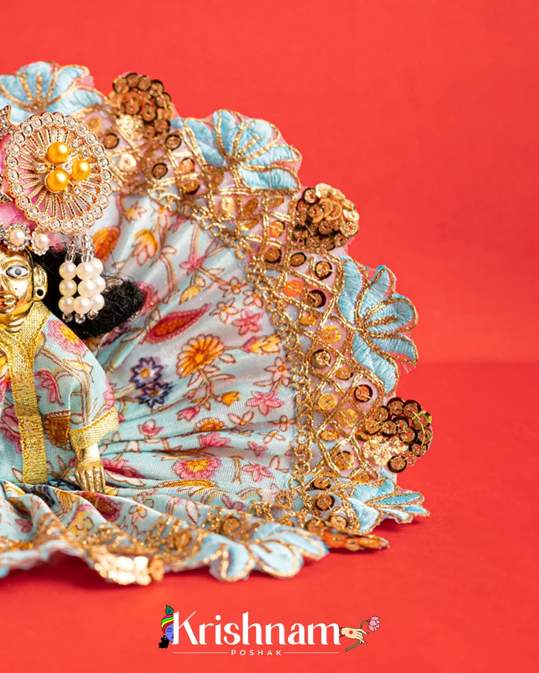 Sky Blue Floral  Dress For Laddu Gopal (Without Pagdi ) - Krishnam Poshak