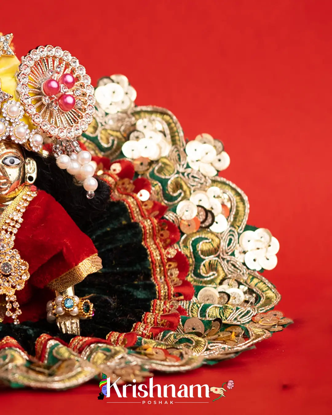 Velvet Green Dress with Gota Patti Border Laddu Gopal (Pagdi Not Included) - Krishnam Poshak