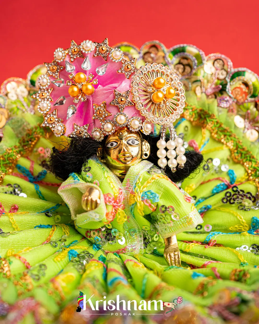 Net Green Dress With Thread work For Laddu Gopal (Without Pagdi ) - Krishnam Poshak