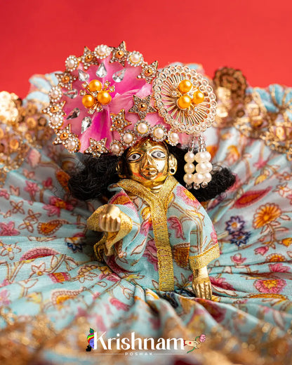 Sky Blue Floral  Dress For Laddu Gopal (Without Pagdi ) - Krishnam Poshak