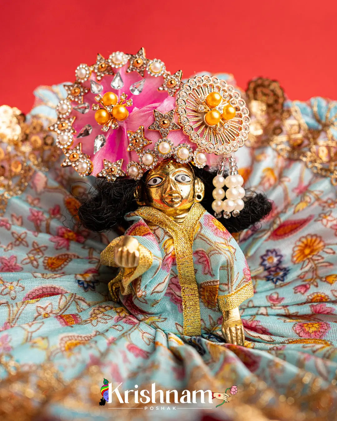 Sky Blue Floral  Dress For Laddu Gopal (Without Pagdi ) - Krishnam Poshak