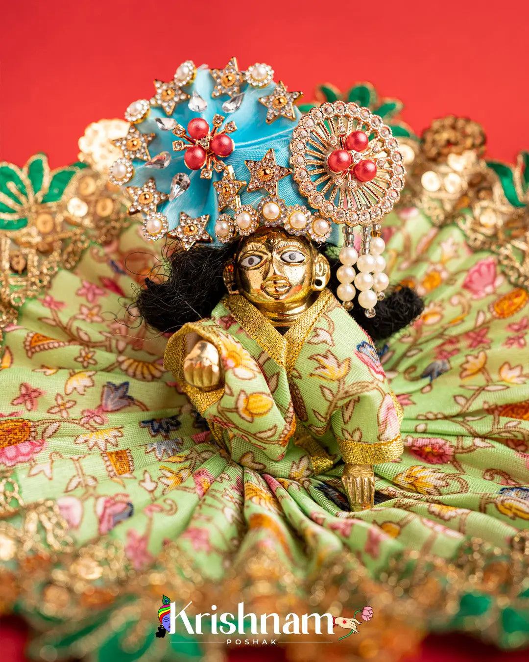 Green Floral Dress For Laddu Gopal (Without Pagdi ) - Krishnam Poshak