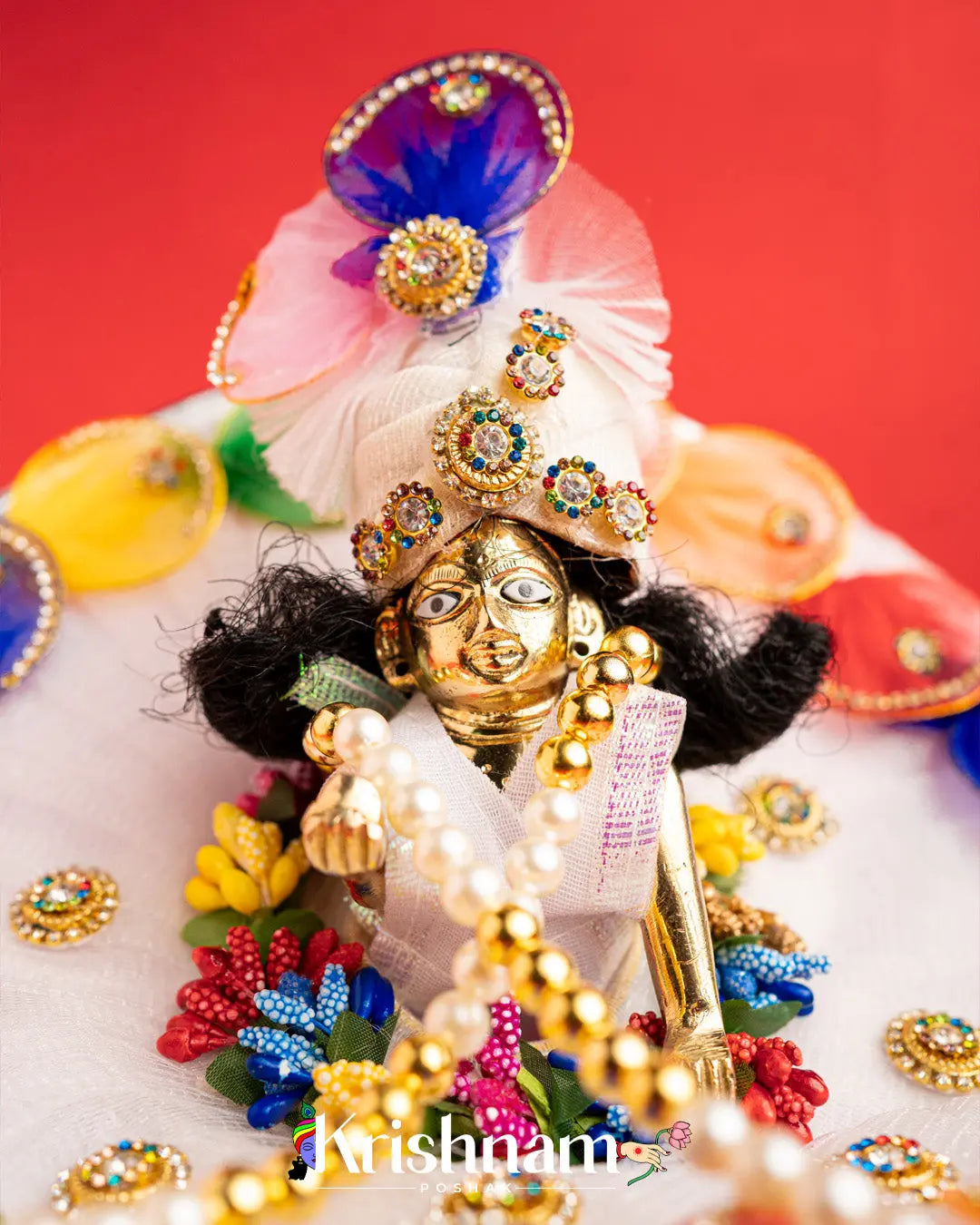 White Handmade Dress For Laddu Gopal (Pagdi & Patka Included) - Krishnam Poshak