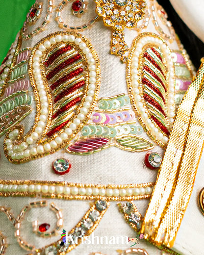 "Exquisite Handmade White Radha Krishna Dress - Crafted with Love in Kolkata" (Dress Only) (Pagdi Not Included) - Krishnam Poshak