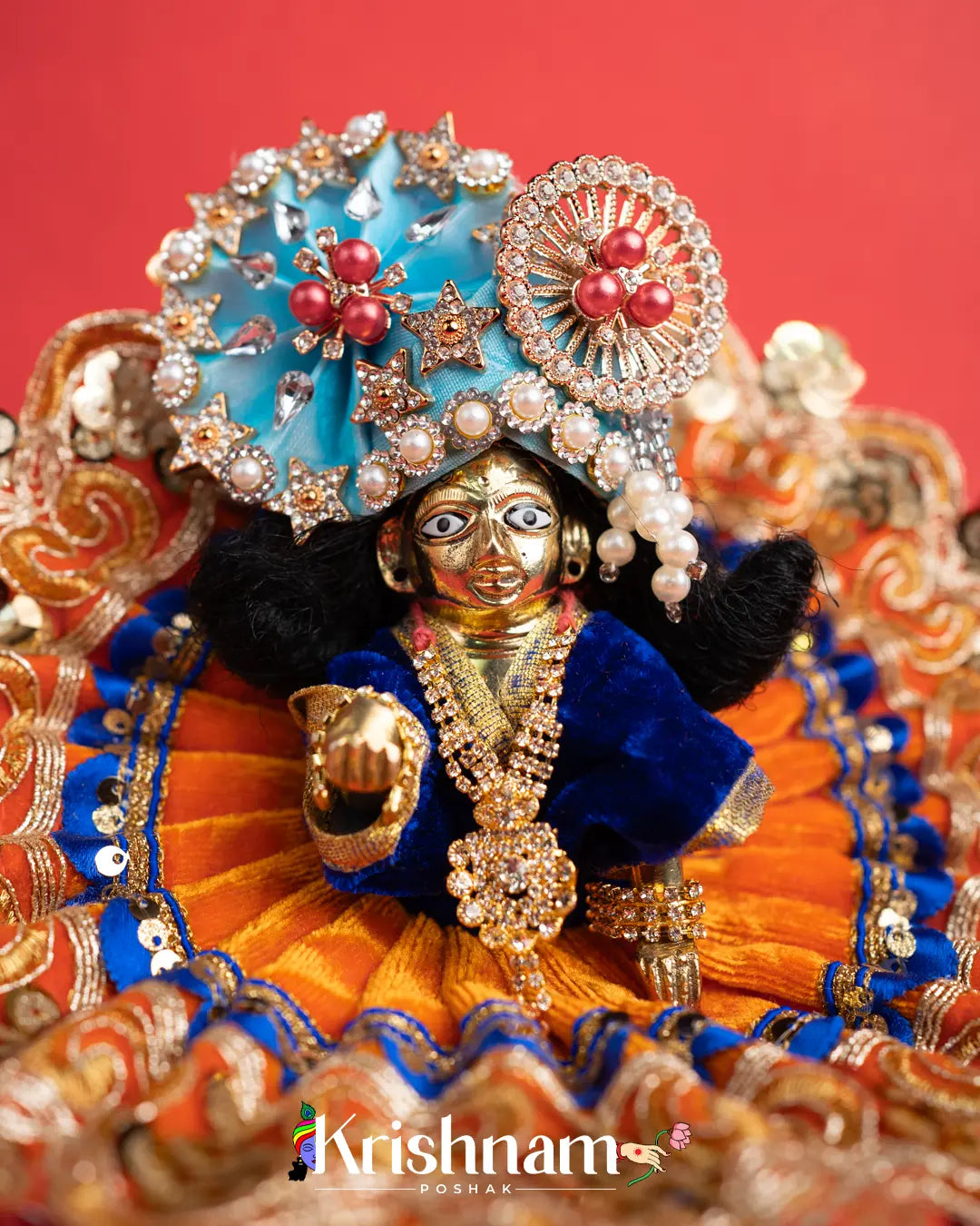 Velvet Orange Dress with Gota Patti Border Laddu Gopal (Pagdi Not Included) - Krishnam Poshak