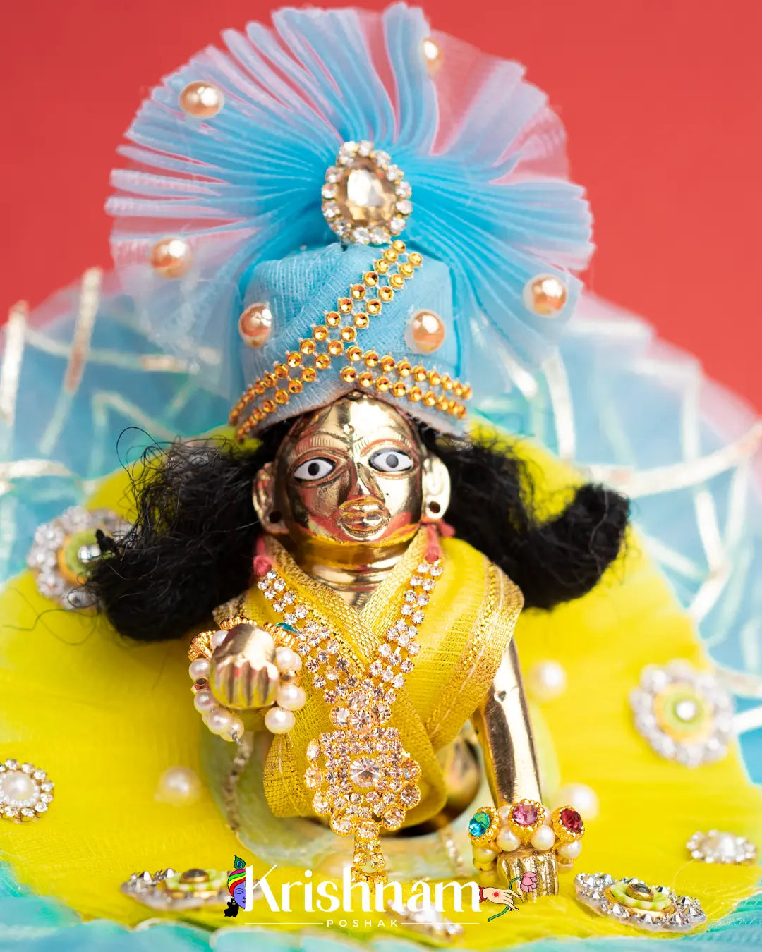 Sky Blue & Yellow Net Dress for Laddu Gopal (Pagdi Included) - Krishnam Poshak
