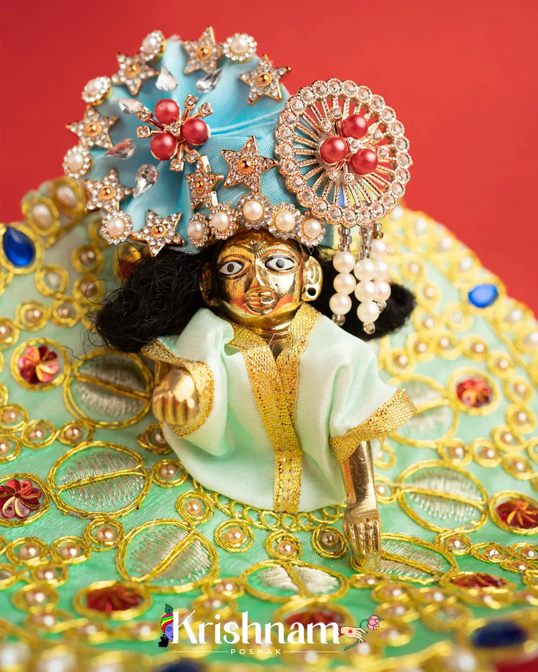 Green Dress With Golden Work For Laddu Gopal (Without Pagdi ) - Krishnam Poshak
